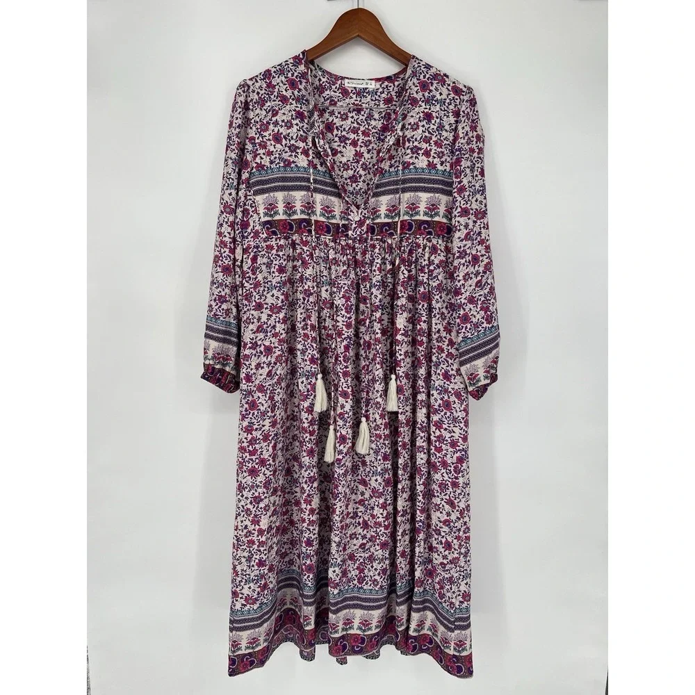 R Vivimos Women's Long Sleeve Floral Print Retro V N Eck Tassel Bohemian  Midi D